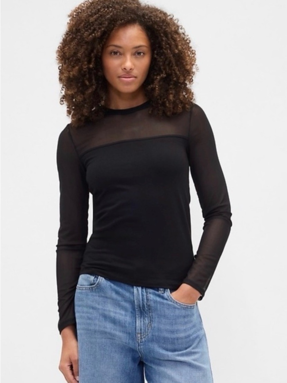 GAP Black Sheer Yoke Long Sleeve Top, Mesh, SZ. L, NWT